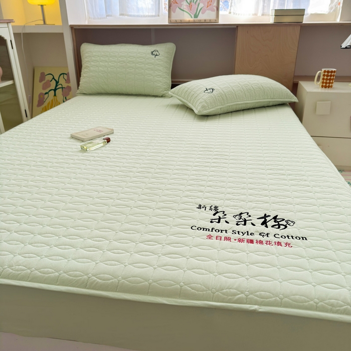 91家纺网 家纺一手货源 找家纺 云雀 2025新款A类加棉刺绣棉花床笠+盖毯 棉花床笠-豆绿