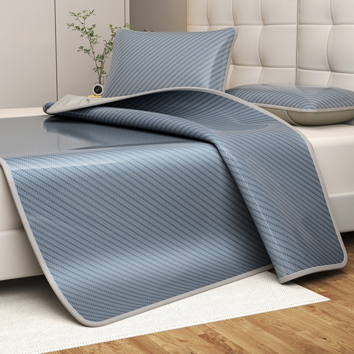 91家纺网 家纺一手货源 找家纺 欧邦 2025春夏新款水某星同款斜纹提花冰丝席三件套 床笠款-深蓝