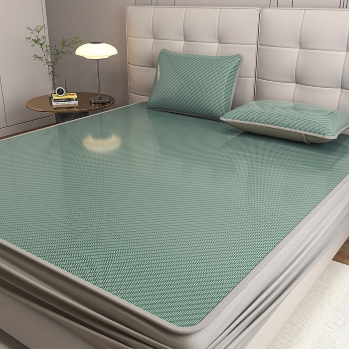 91家纺网 家纺一手货源 找家纺 欧邦 2025春夏新款水某星同款斜纹提花冰丝席三件套 床笠款-松绿