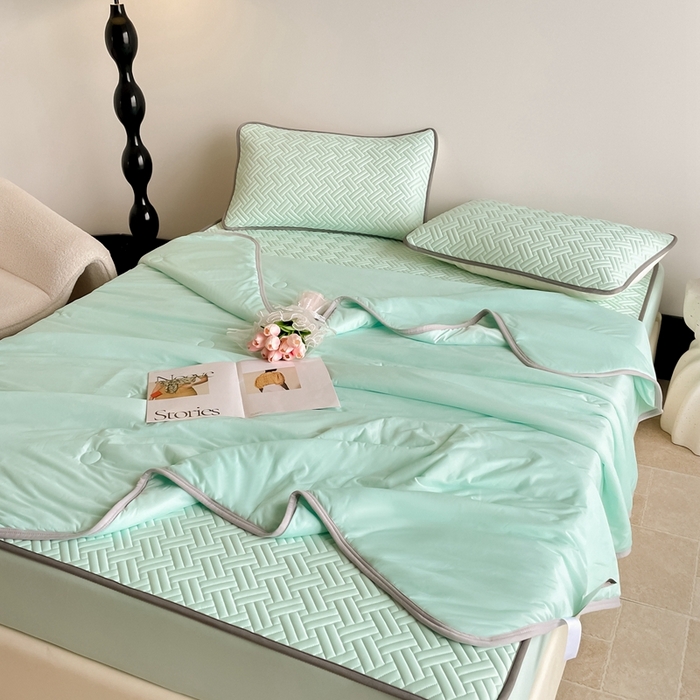 91家纺网 家纺一手货源 找家纺 欧邦2025新款纯色加厚乳胶床笠三件套 饼干花-水绿