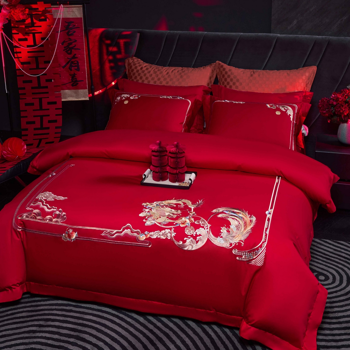 91家纺网 家纺一手货源 找家纺 2025新款纯棉贡缎刺绣婚庆系列四件套 婚庆-龙凤呈祥