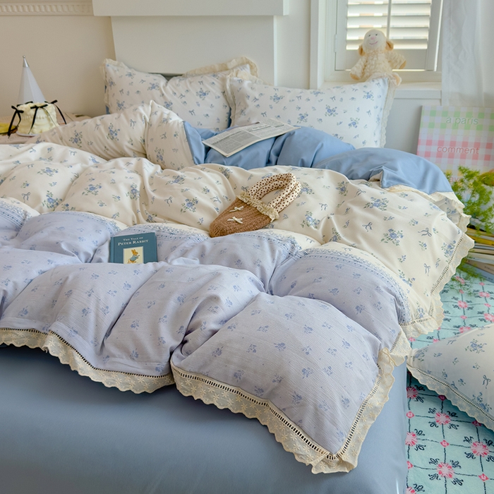 91家纺网 家纺一手货源 找家纺 竹合家纺 2025新款春日碎花法式镂空花边款式提花皱皱四件套 法式-晨曦