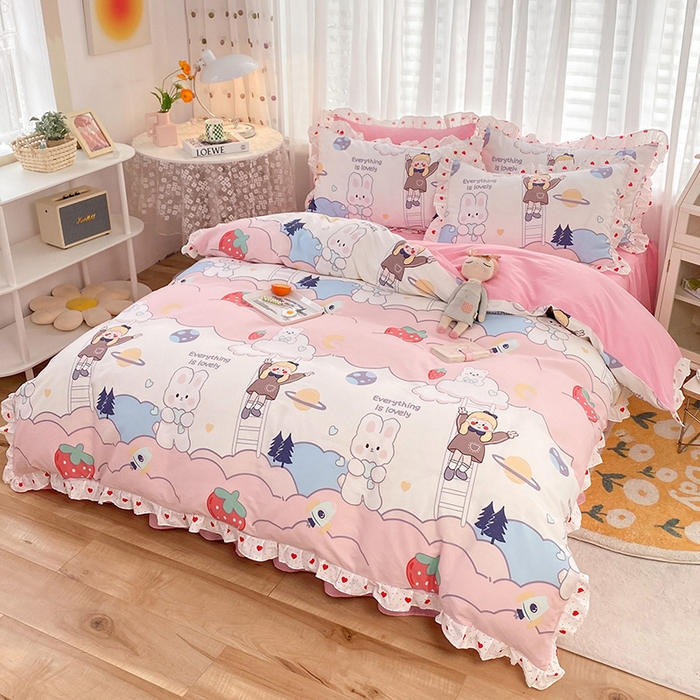 91家纺网 家纺一手货源 找家纺 2025新款公主风四件套全棉纯棉白花边被套床单款式三件套 喜事兔