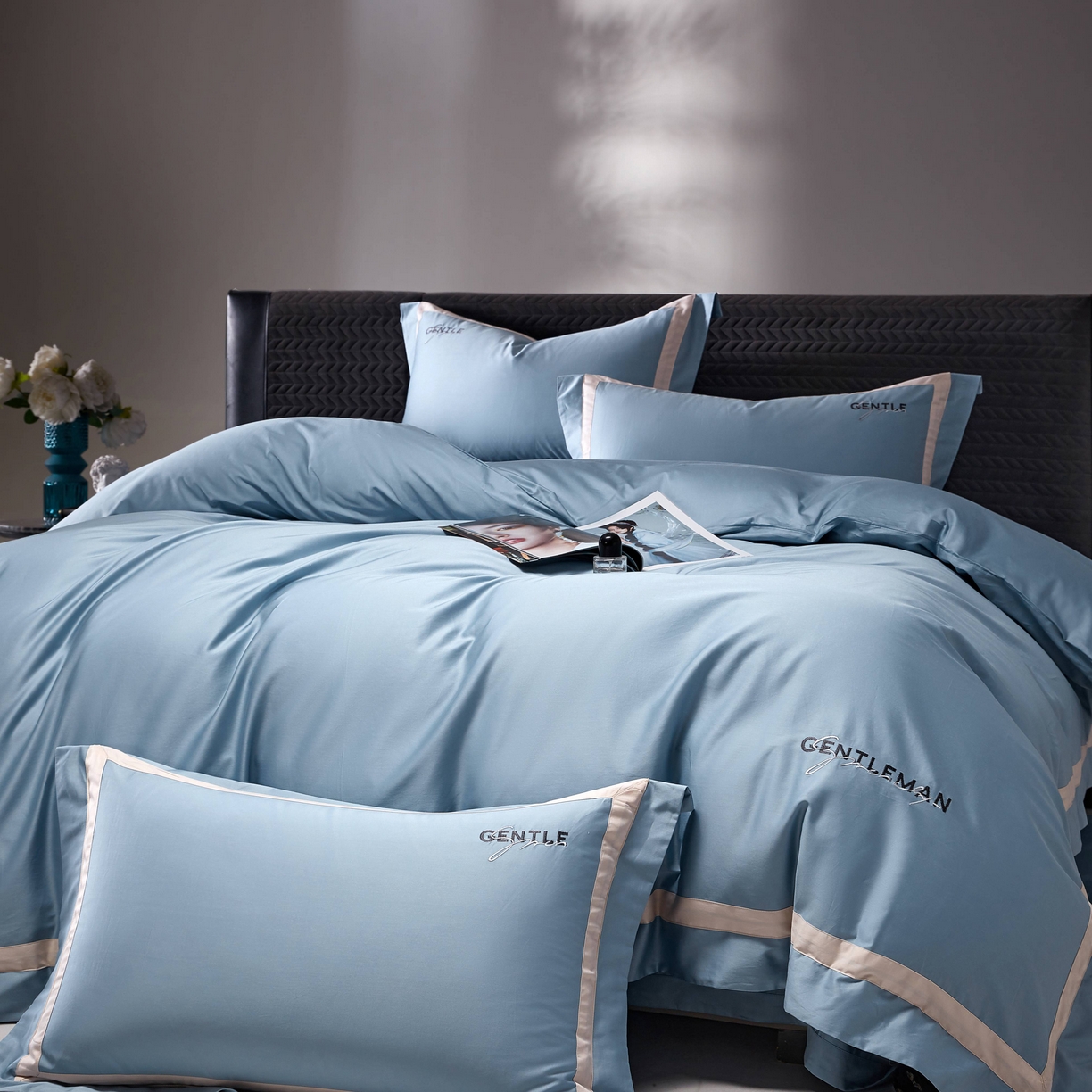 91家纺网 家纺一手货源 找家纺 佳汐蓝家纺 2025春夏新款新疆棉纯棉轻奢四件套（贴边款） 景澜蓝