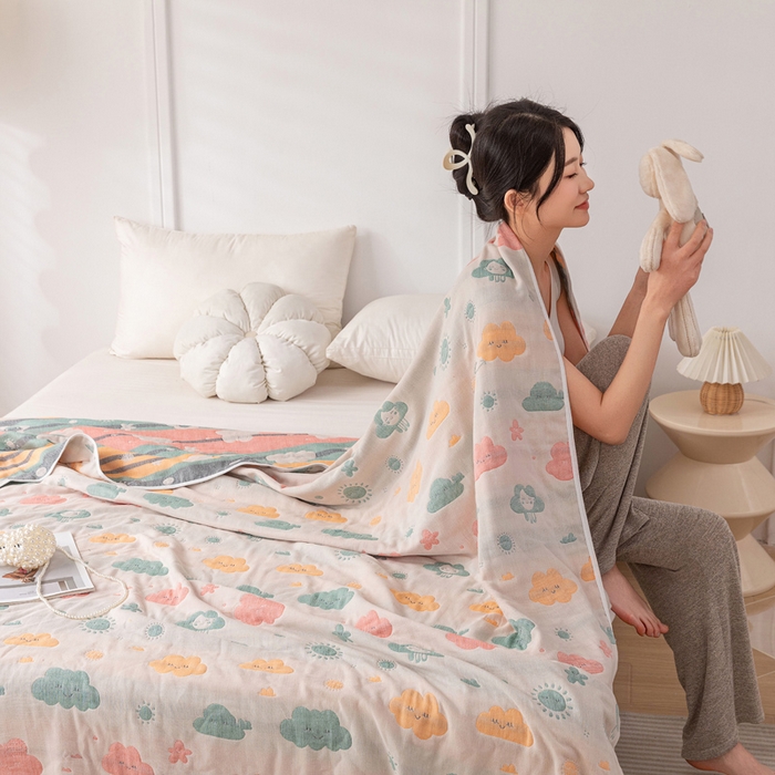 91家纺网 家纺一手货源 找家纺 乐家毛巾被（工厂自产自销） 2025春夏新款亲肤舒适六层纱布被 彩色好天气
