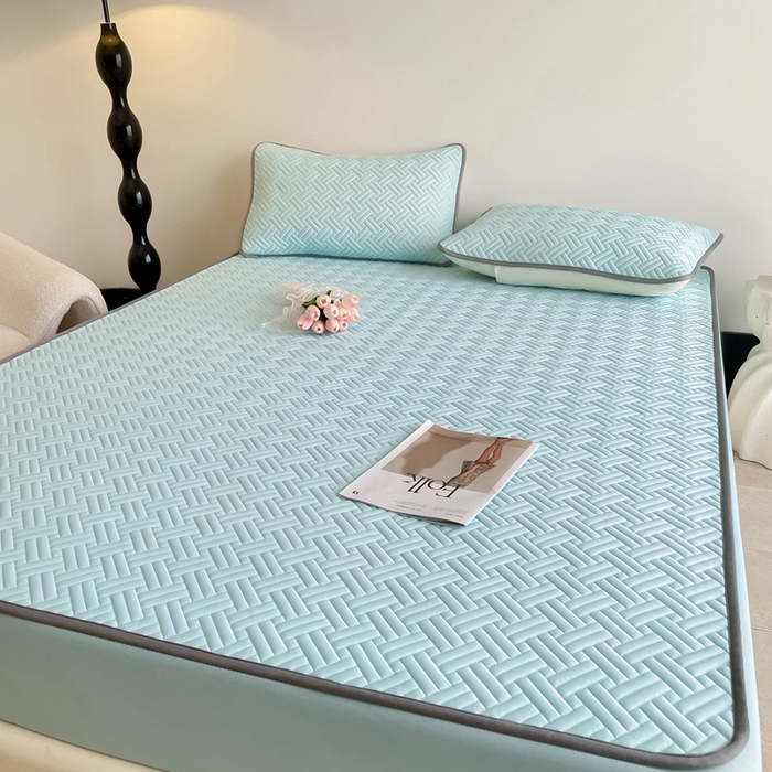 91家纺网 家纺一手货源 找家纺 欧邦2025新款纯色加厚乳胶床笠三件套 饼干花-湖蓝