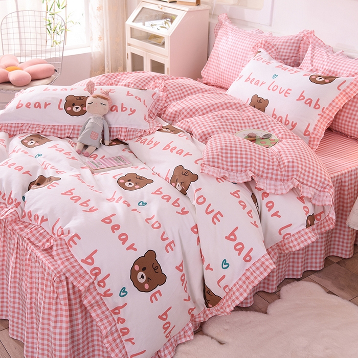 91家纺网 家纺一手货源 找家纺 2025新款公主风四件套全棉纯棉白花边被套床单款式三件套 熊宝宝