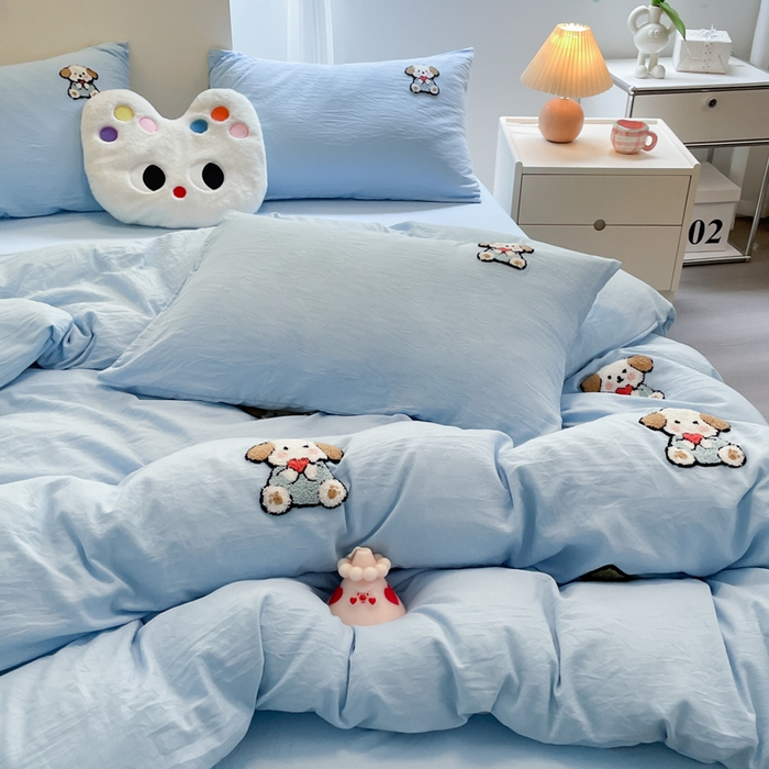 91家纺网 家纺一手货源 找家纺 优卡迪家纺馆 2025新款水洗棉毛巾绣四件套（下载文件夹包含买家秀） 彩虹狗-天蓝