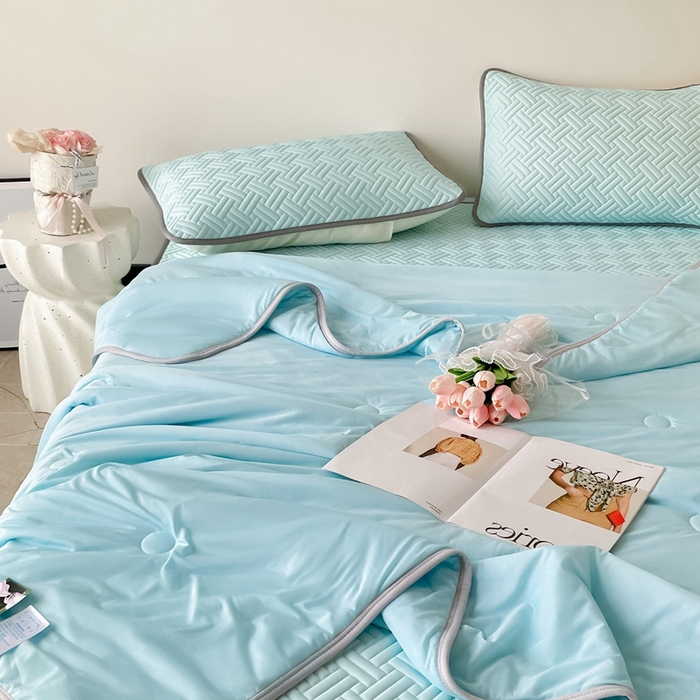 91家纺网 家纺一手货源 找家纺 欧邦2025新款纯色加厚乳胶床笠三件套 饼干花-湖蓝