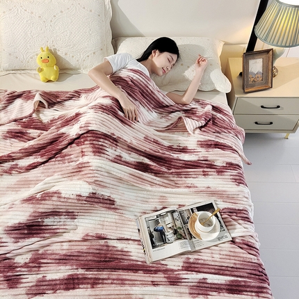 巴木赫2025新款200g水墨印染抽条毛毯毯子 红棕