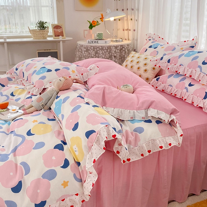 91家纺网 家纺一手货源 找家纺 2025新款公主风四件套全棉纯棉白花边被套床单款式三件套 小红花