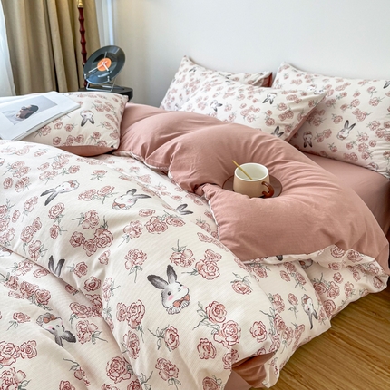 91家纺网 家纺一手货源 找家纺 仟网汇 2025新款亲肤舒适提花小竺棉彩竹棉彩竺棉系列四件套 彩竺棉-菲菲兔