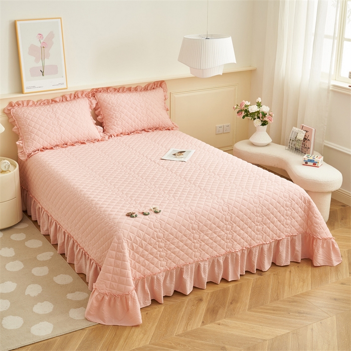 91家纺网 家纺一手货源 找家纺 恒爱家纺 2025新款A类泡泡纱床盖-杜鹃 浅豆沙