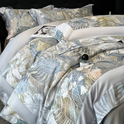 91家纺网 家纺一手货源 找家纺 （总）博纳家纺 2025新款50兰精天丝大宽边撞色拼角高级简奢款凉感天丝数码印花四件套（已在兰精公司备案）