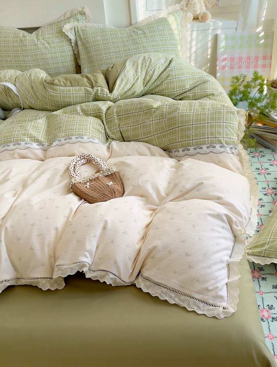 91家纺网 家纺一手货源 找家纺 竹合家纺 2025新款春日碎花法式镂空花边款式提花皱皱四件套 法式-结美绿
