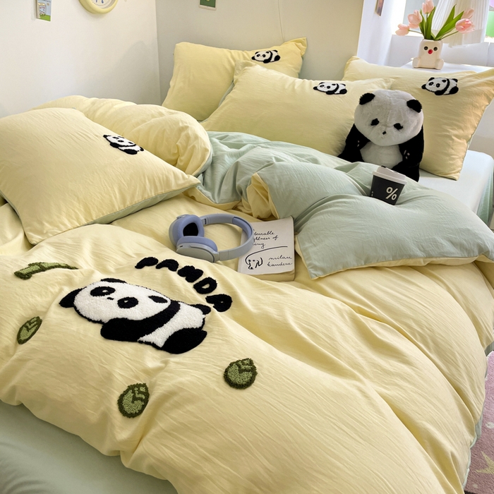 91家纺网 家纺一手货源 找家纺 优卡迪家纺馆 2025新款水洗棉毛巾绣四件套（下载文件夹包含买家秀） 淘气熊猫-黄