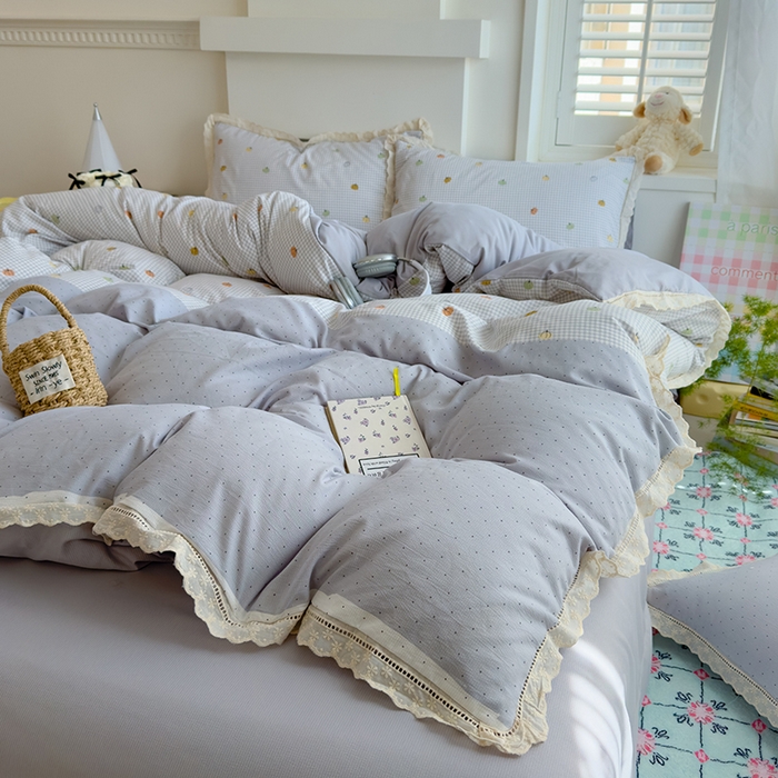 91家纺网 家纺一手货源 找家纺 竹合家纺 2025新款春日碎花法式镂空花边款式提花皱皱四件套 法式-小南瓜灰