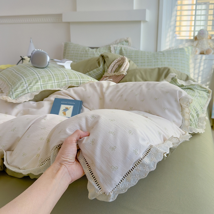 91家纺网 家纺一手货源 找家纺 竹合家纺 2025新款春日碎花法式镂空花边款式提花皱皱四件套 法式-结美绿