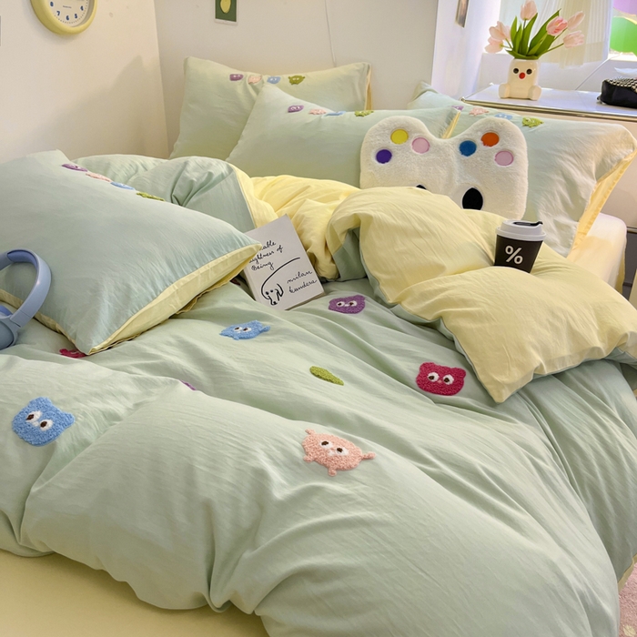 91家纺网 家纺一手货源 找家纺 优卡迪家纺馆 2025新款水洗棉毛巾绣四件套（下载文件夹包含买家秀） 开心怪兽-绿