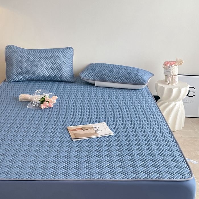 91家纺网 家纺一手货源 找家纺 欧邦2025新款纯色加厚乳胶床笠三件套 饼干花-宝蓝