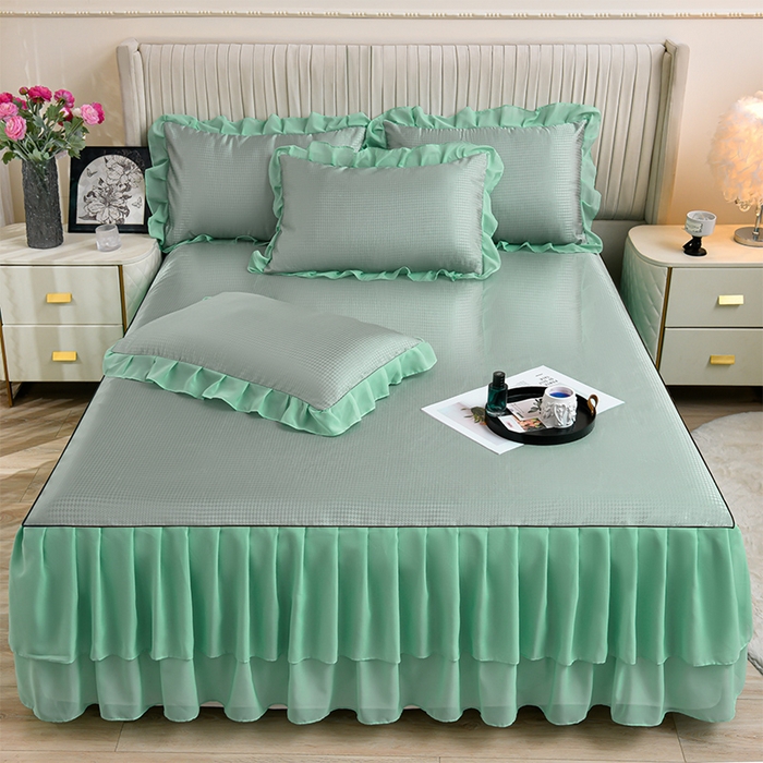 91家纺网 家纺一手货源 找家纺 家之硕家纺 2025新款冰丝凉席床裙款三件套 浅绿色