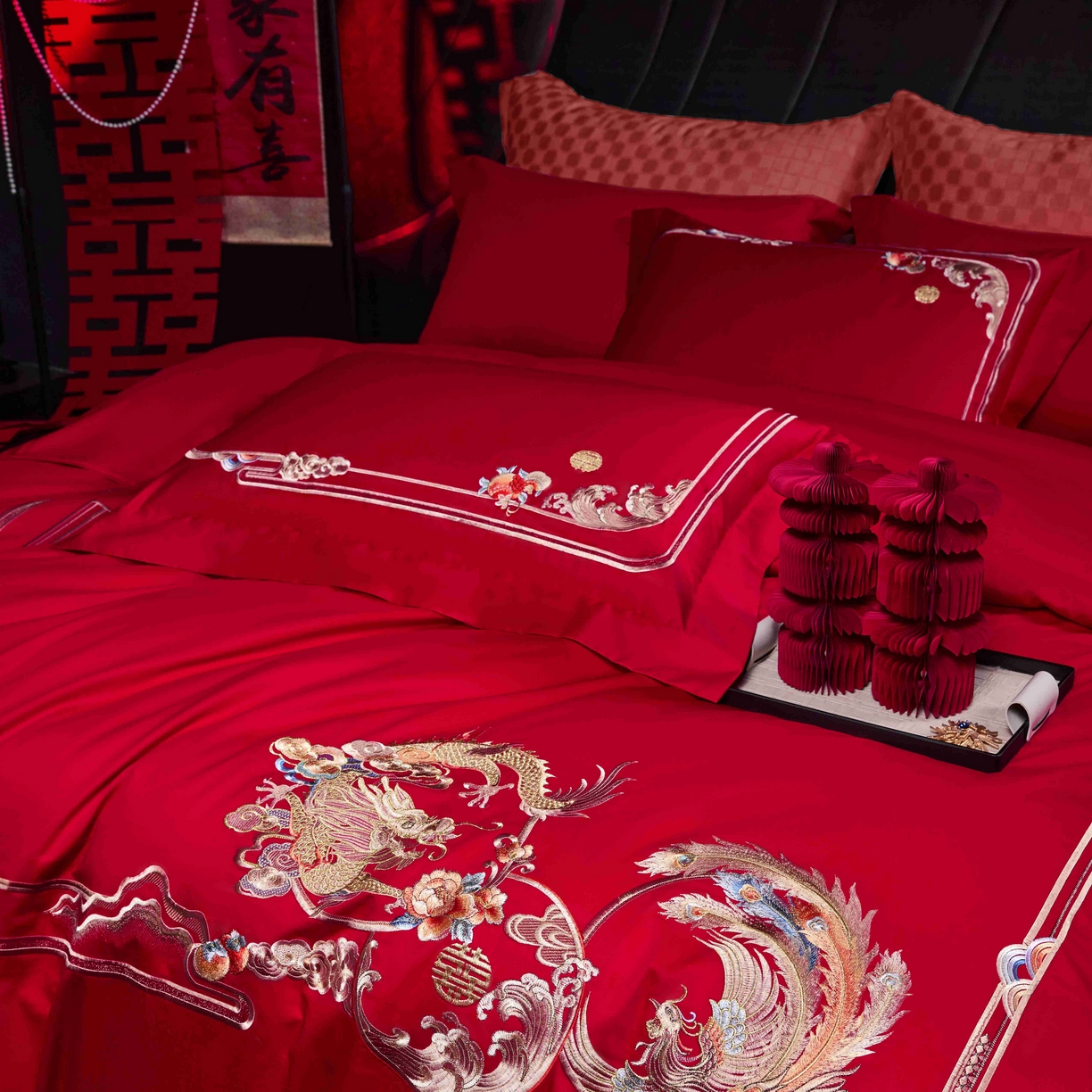 91家纺网 家纺一手货源 找家纺 2025新款纯棉贡缎刺绣婚庆系列四件套 婚庆-龙凤呈祥