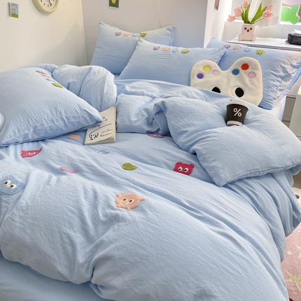 优卡迪家纺馆 2025新款水洗棉毛巾绣四件套（下载文件夹包含买家秀） 开心怪兽-蓝