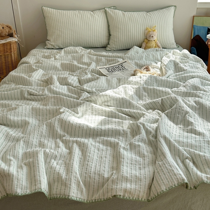 91家纺网 家纺一手货源 找家纺   曼町家居2025新款全棉水洗棉提花贝壳边夏被系列 薄荷绿