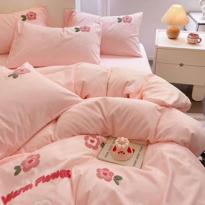 91家纺网 家纺一手货源 找家纺 优卡迪家纺馆 2025新款水洗棉毛巾绣四件套（下载文件夹包含买家秀） 国色天香-玉粉