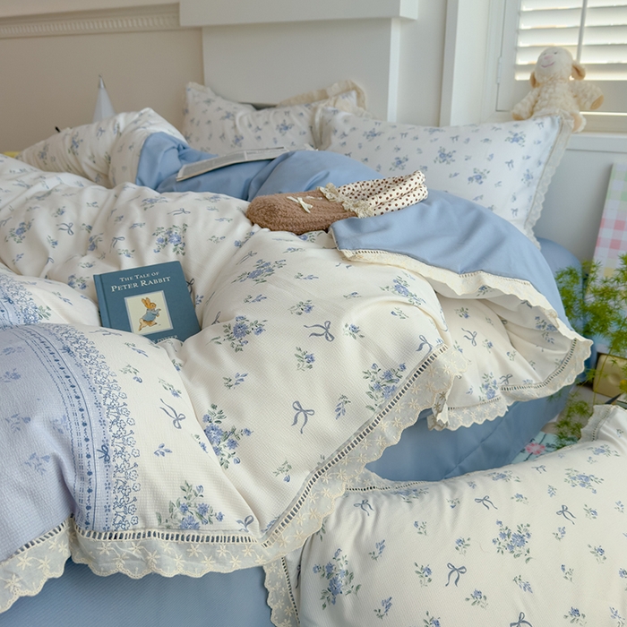 91家纺网 家纺一手货源 找家纺 竹合家纺 2025新款春日碎花法式镂空花边款式提花皱皱四件套 法式-晨曦