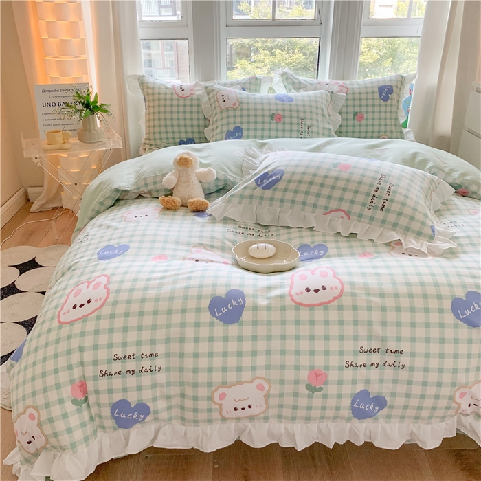 91家纺网 家纺一手货源 找家纺 2025新款公主风四件套全棉纯棉白花边被套床单款式三件套 兔兔高