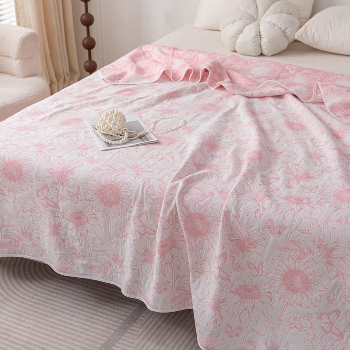 91家纺网 家纺一手货源 找家纺 乐家毛巾被（工厂自产自销） 2025春夏新款亲肤舒适六层纱布被 粉色向日葵