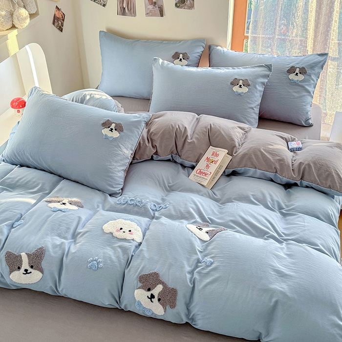 91家纺网 家纺一手货源 找家纺 优卡迪家纺馆 2025新款水洗棉毛巾绣四件套（下载文件夹包含买家秀） 萌萌狗-月光蓝