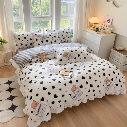 2025新款公主风四件套全棉纯棉白花边被套床单款式三件套 爱心小熊