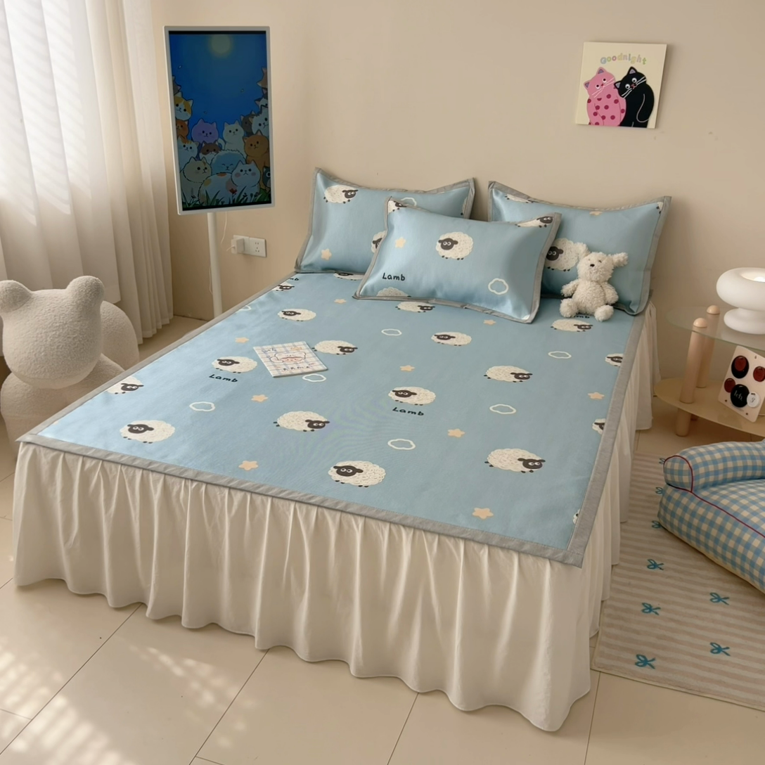 91家纺网 家纺一手货源 找家纺 懒猫家纺 2025春夏新款250D数码印花冰丝席凉席席子 小羊咩咩