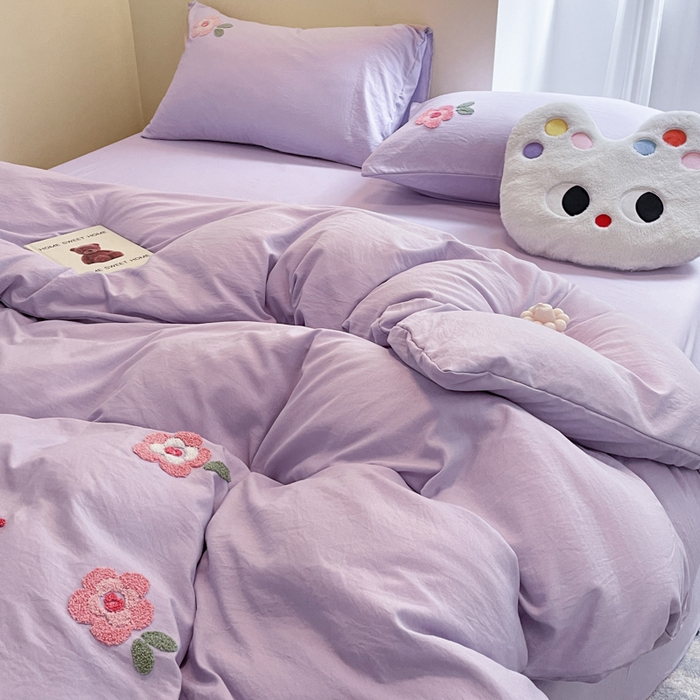 91家纺网 家纺一手货源 找家纺 优卡迪家纺馆 2025新款水洗棉毛巾绣四件套（下载文件夹包含买家秀） 国色天香-浅紫