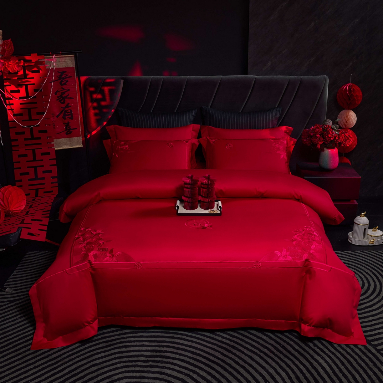 91家纺网 家纺一手货源 找家纺 2025新款纯棉贡缎刺绣婚庆系列四件套 婚庆-百年好合