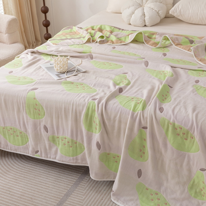 91家纺网 家纺一手货源 找家纺 乐家毛巾被（工厂自产自销） 2025春夏新款亲肤舒适六层纱布被 绿色梨子