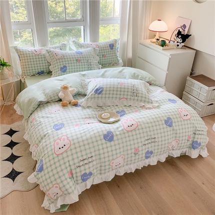 2025新款公主风四件套全棉纯棉白花边被套床单款式三件套 兔兔高