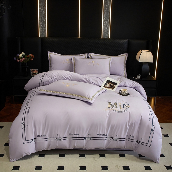 91家纺网 家纺一手货源 找家纺 佳宇轩 2025爆款水洗棉五彩刺绣四件套简约轻奢织带绣花床单床笠被罩4件套-简约时代 简约时代紫