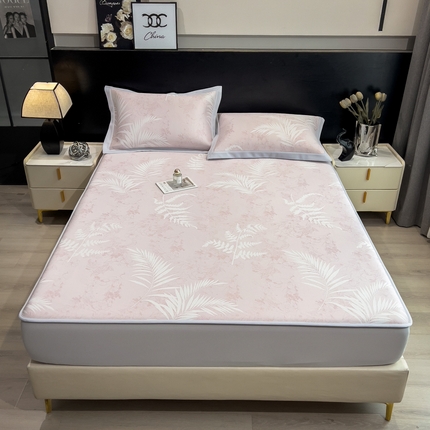 倾慕家纺 2025新款简约PE50提花凉感席席子凉席-床笠款 叶繁粉PE床笠款