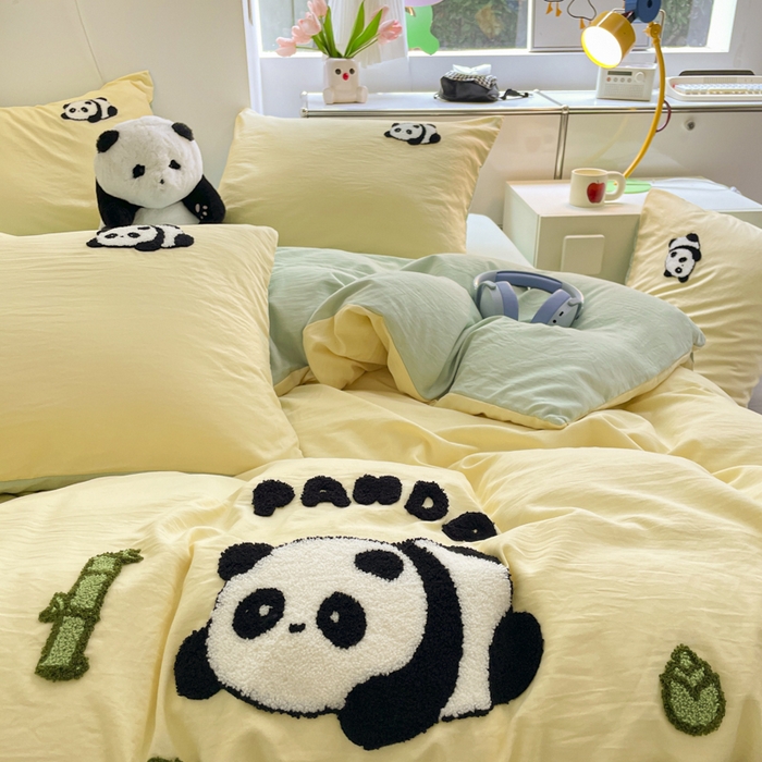 91家纺网 家纺一手货源 找家纺 优卡迪家纺馆 2025新款水洗棉毛巾绣四件套（下载文件夹包含买家秀） 淘气熊猫-黄