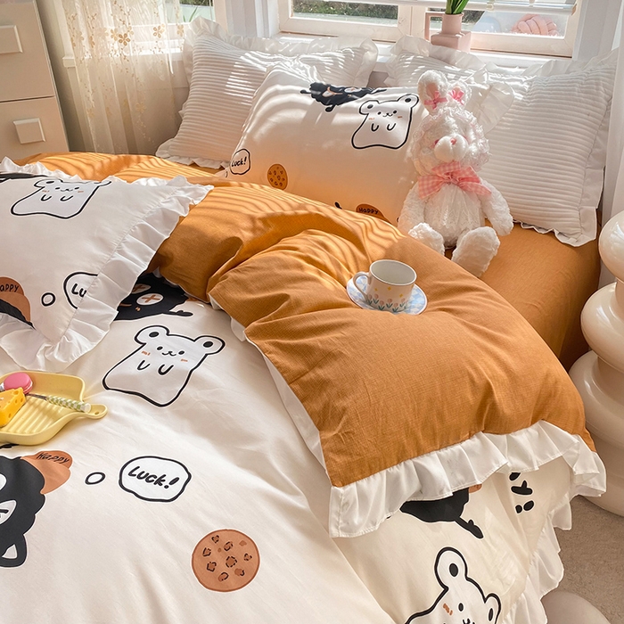 91家纺网 家纺一手货源 找家纺 2025新款公主风四件套全棉纯棉白花边被套床单款式三件套 煤球