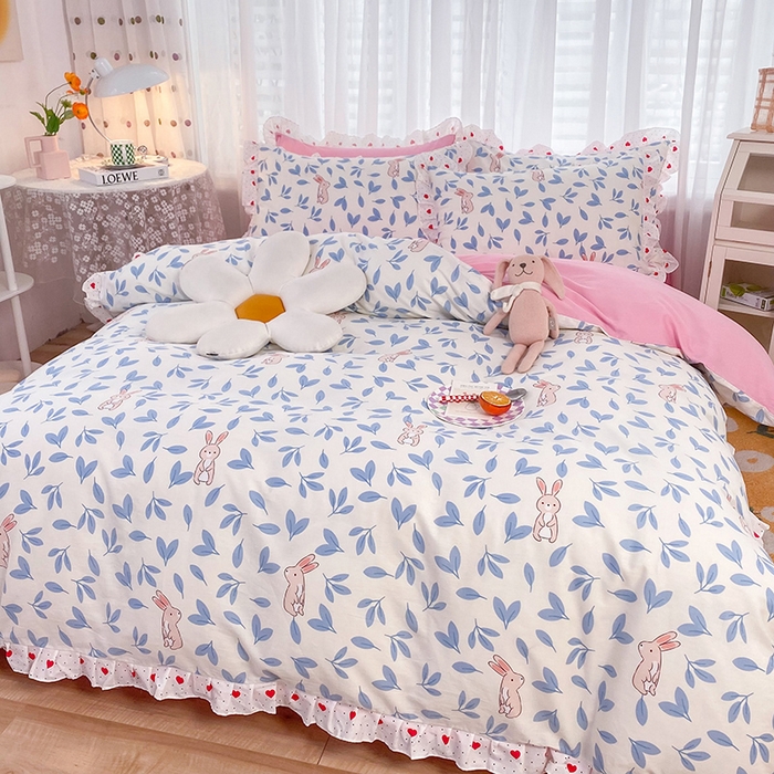 91家纺网 家纺一手货源 找家纺 2025新款公主风四件套全棉纯棉白花边被套床单款式三件套 兔宝宝
