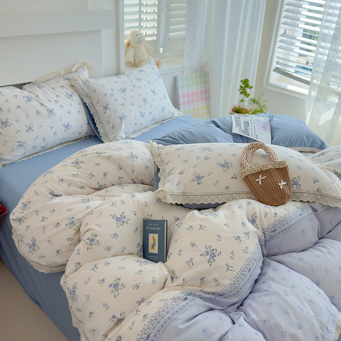 91家纺网 家纺一手货源 找家纺 竹合家纺 2025新款春日碎花法式镂空花边款式提花皱皱四件套 法式-晨曦