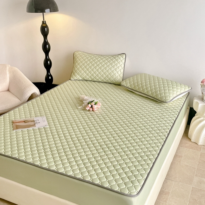 91家纺网 家纺一手货源 找家纺 欧邦2025新款纯色加厚乳胶床笠三件套 方格-果绿