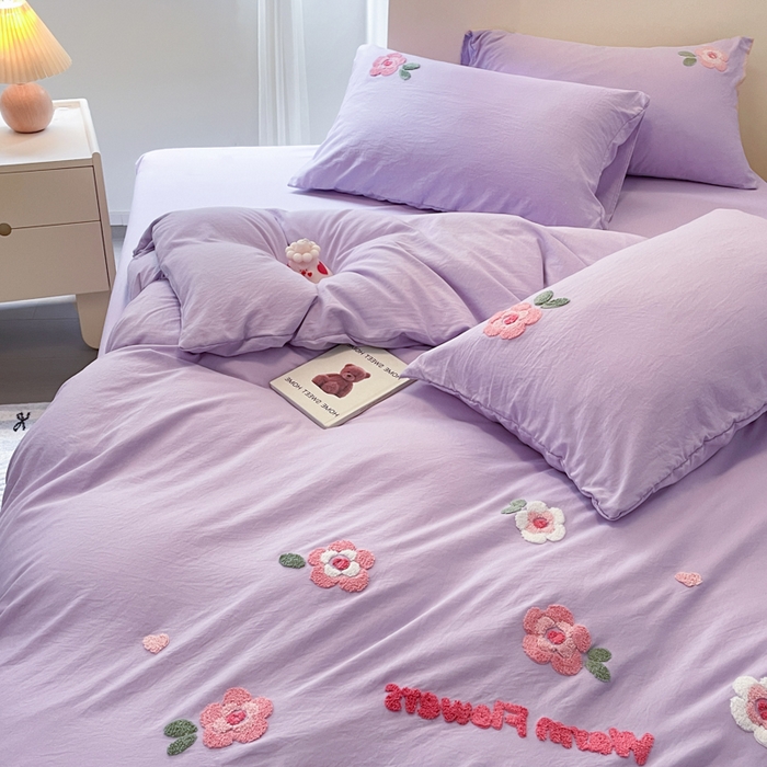91家纺网 家纺一手货源 找家纺 优卡迪家纺馆 2025新款水洗棉毛巾绣四件套（下载文件夹包含买家秀） 国色天香-浅紫