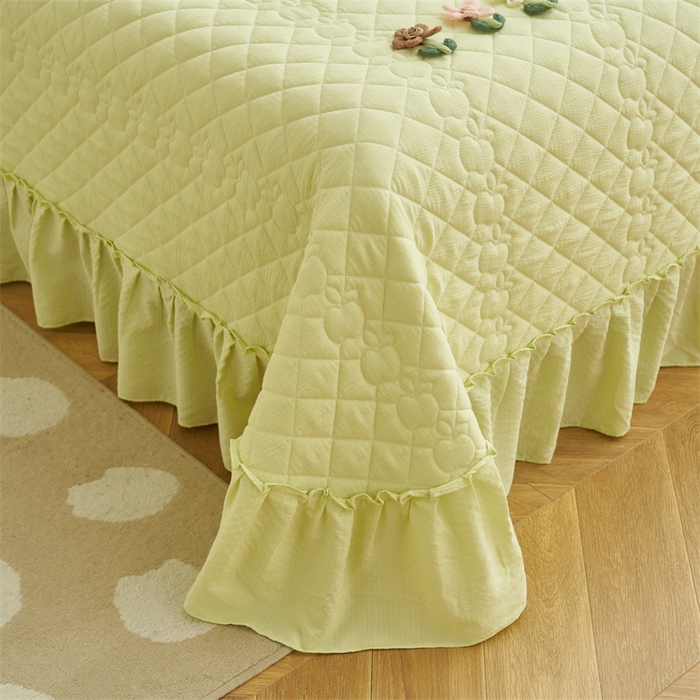 91家纺网 家纺一手货源 找家纺 恒爱家纺 2025新款A类泡泡纱床盖-杜鹃 芥末绿