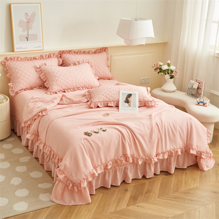 91家纺网 家纺一手货源 找家纺 恒爱家纺 2025新款A类泡泡纱床盖-杜鹃 浅豆沙