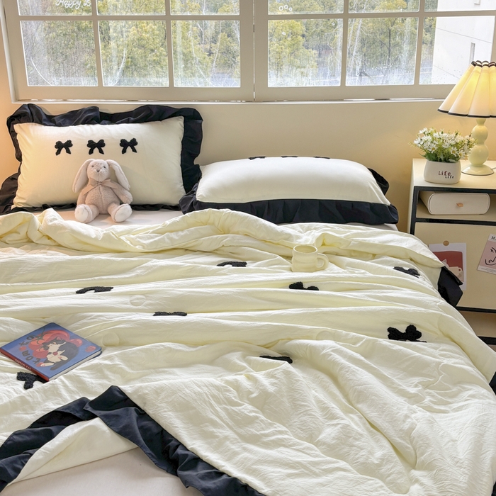 91家纺网 家纺一手货源 找家纺 老K (原美阁） 2025新款毛巾绣韩版单夏被空调被单品 蝴蝶结-米白